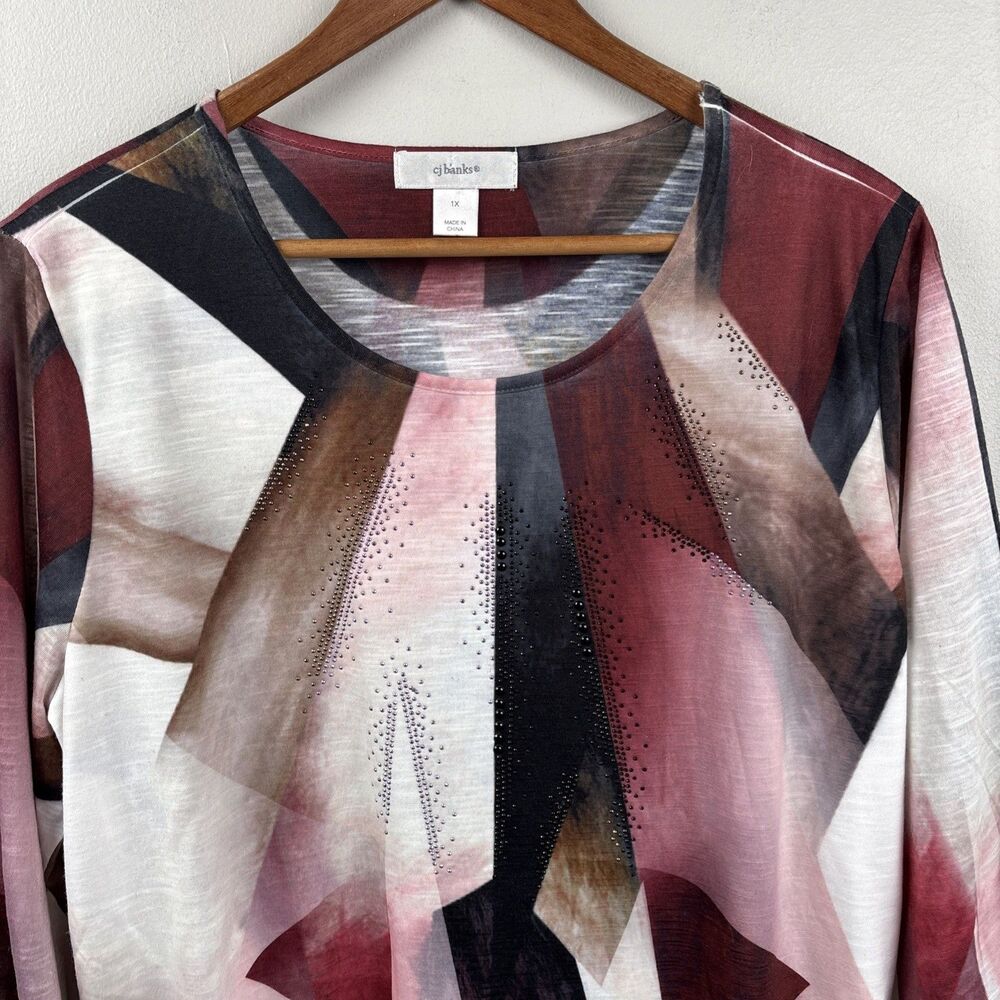 CJ Banks Womens 1X Tunic 3/4 Sleeve Abstract Print Rhinestone Embellished boho